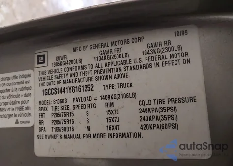 2000 Chevrolet S-10 Ls z USA, uszkodzony, nr VIN 1GCCS1441Y8161352